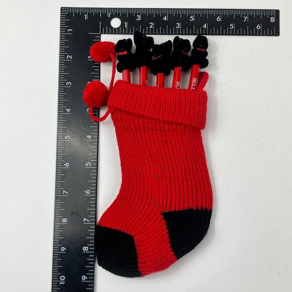 Vintage Dept 56 Scottie Dog Pencil Set With Red Knit Stocking Holder Taiwan 9" - Picture 9 of 11